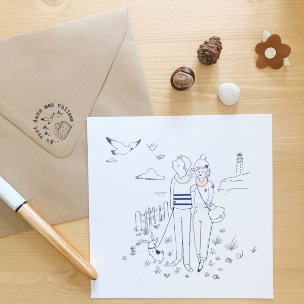 carte illustrée poétique fabrication artisanale française, la promenade en couple au cap gris nez - du vent dans mes valises x Eulalie sous la lune