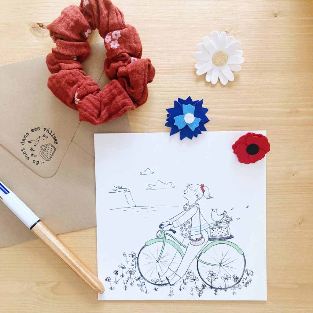 carte illustrée poétique fabrication artisanale française, le vélo - du vent dans mes valises x Eulalie sous la lune
