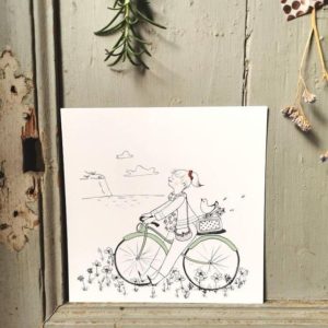 carte postale illustration poétique vélo champ de coquelicot vue sur mer - du vent dans mes valises