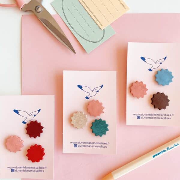 Set de 3 pin’s gommettes couleurs actuelles et intemporelles, artisanaux en cuir surcyclé