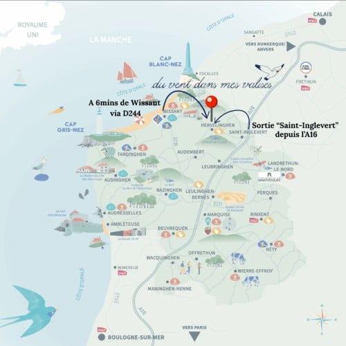 Plan d’accès à Hervelinghen depuis Wissant par la D244 et depuis l’A16, sortie Saint-Inglevert.